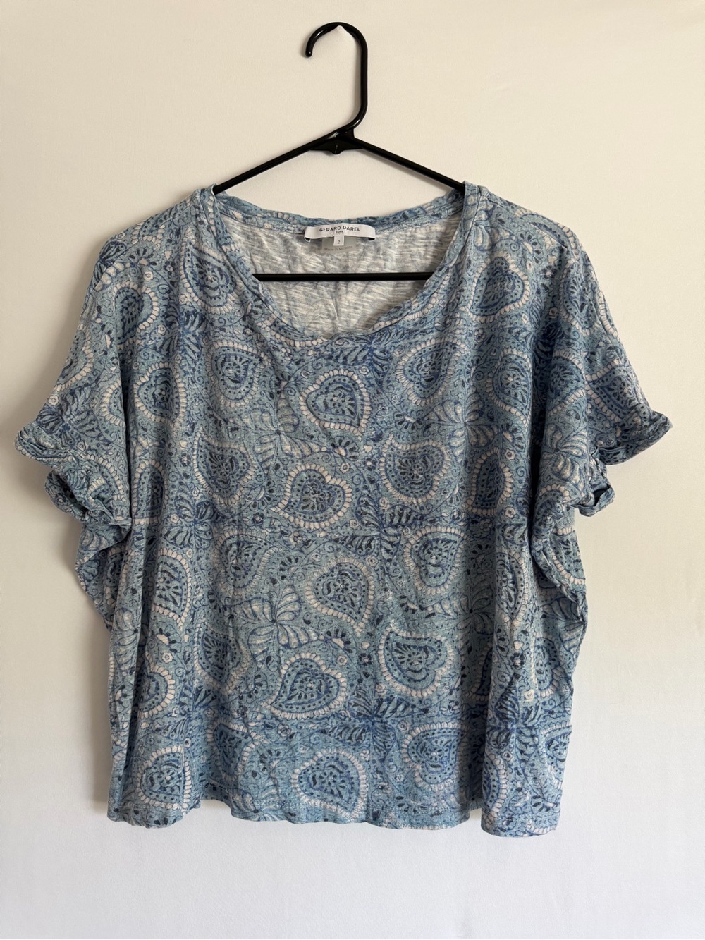 Gerard Darel Blue White Short Sleeve Paisley Lightweight T-shirt Size 2